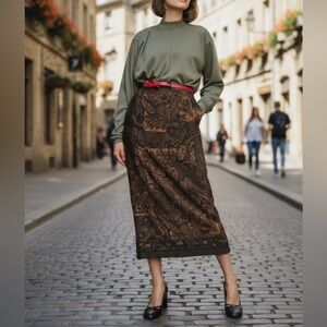 Vintage 90s Pendleton Midi Pencil Skirt Paisley Scarf Print Olive Green Size 6